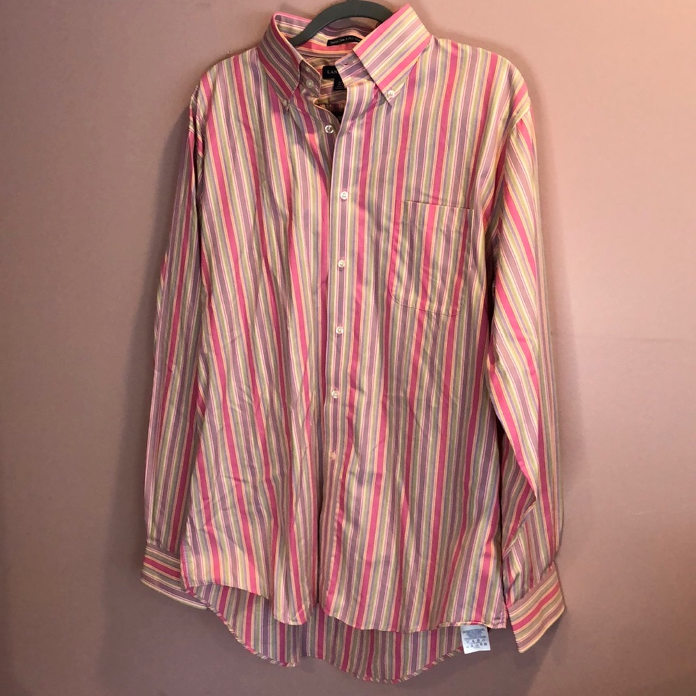 Land’s End Men’s Pink Green Vertical Striped Button Down Shirt Size 16.5 / 34-35